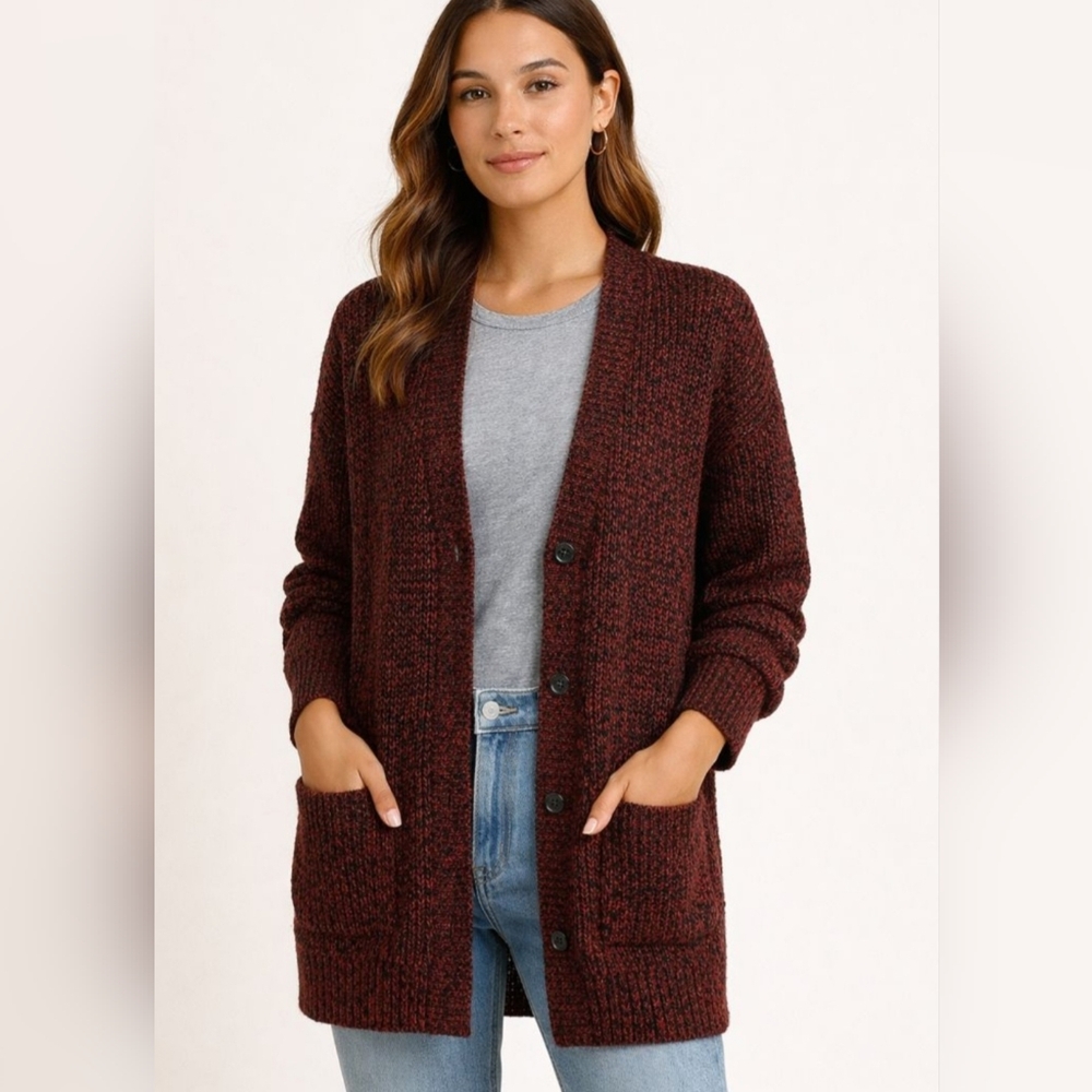Zara Red And Black Chunky Knit Button Up Cardigan